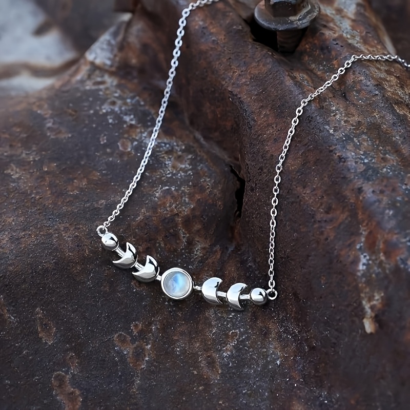 Women's S925 Silver Moon Phase Pendant Necklace with Moonstone